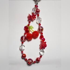 Beaded Keychain Phone Chain Red Cherries‎ Flowers Accessory